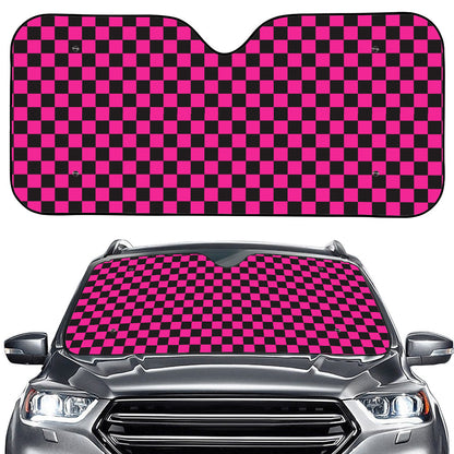 Magenta Pink And Black Checkered Print Car Windshield Sun Shade