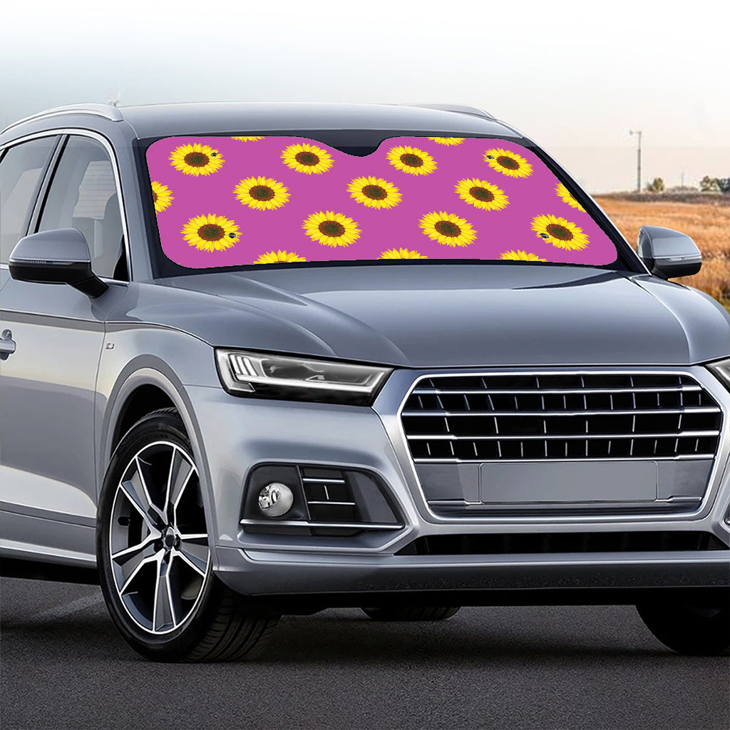 Magenta Pink Sunflower Pattern Print Car Windshield Sun Shade