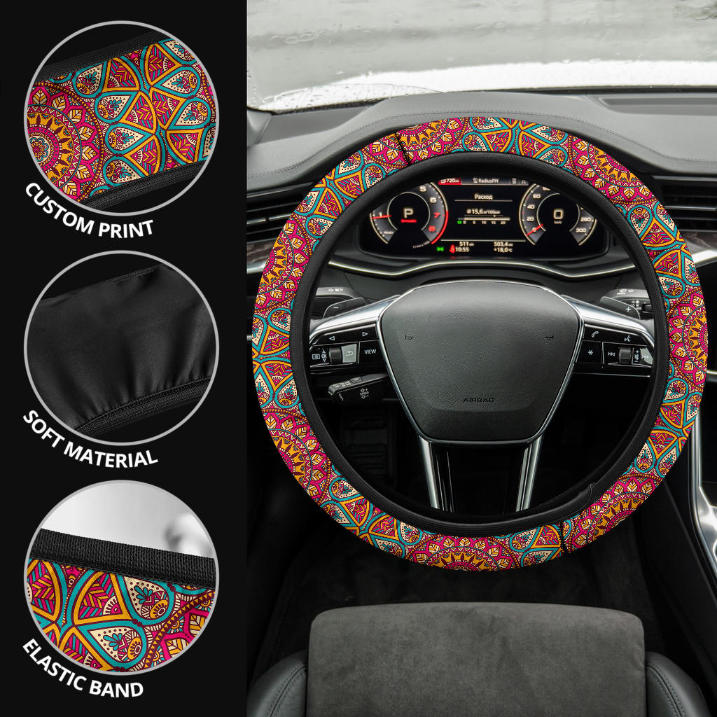 Mandala Flower Color Abstract Premium Car Steering Wheel Cover