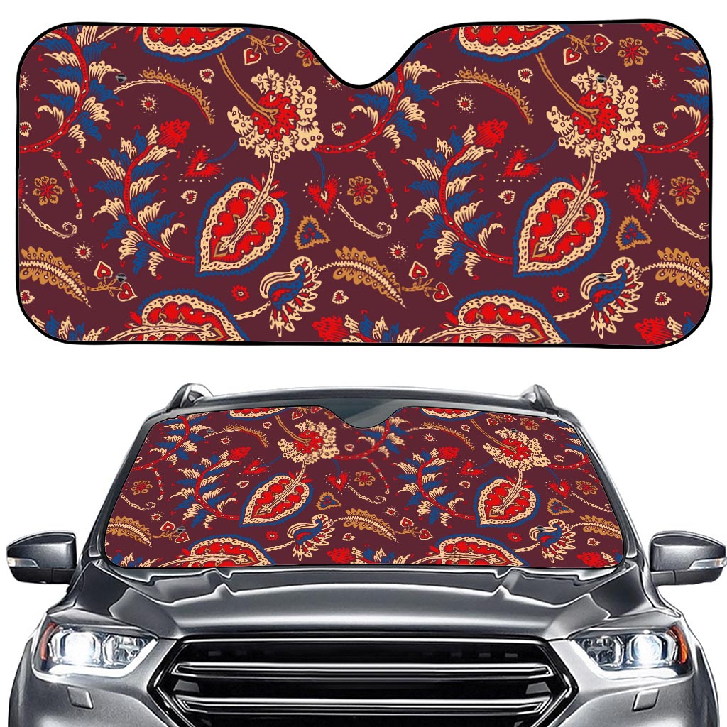 Maroon Vintage Bohemian Floral Print Car Windshield Sun Shade
