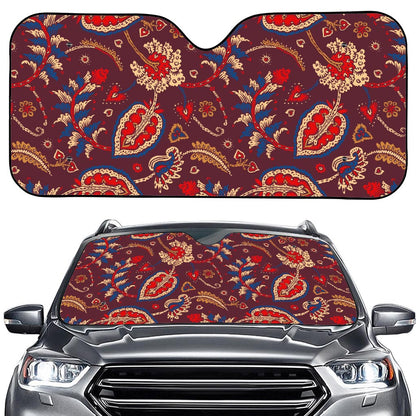 Maroon Vintage Bohemian Floral Print Car Windshield Sun Shade