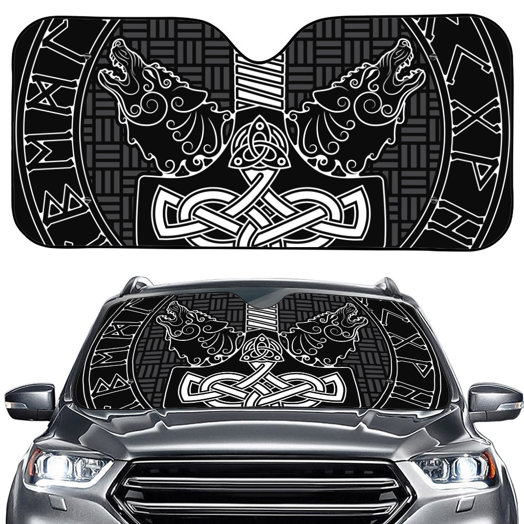 Mjolnir And Scandinavian Runes Print Car Windshield Sun Shade
