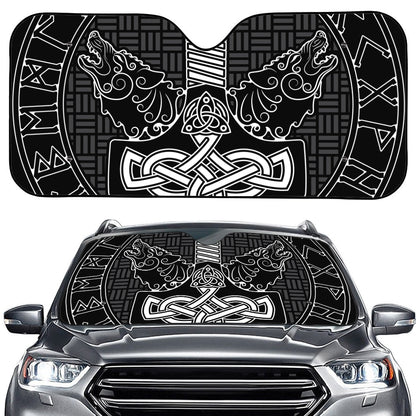 Mjolnir And Scandinavian Runes Print Car Windshield Sun Shade