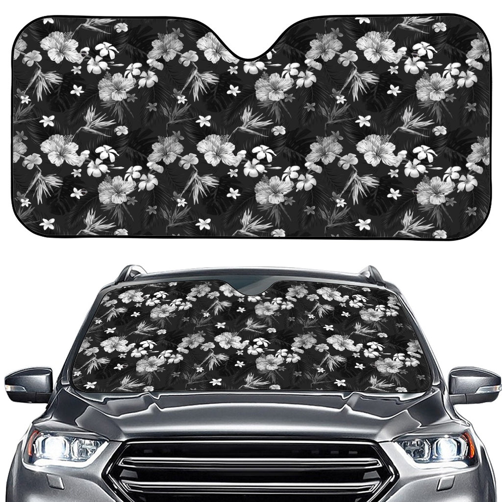 Monochrome Hawaiian Floral Print Car Windshield Sun Shade