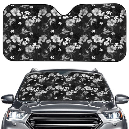 Monochrome Hawaiian Floral Print Car Windshield Sun Shade