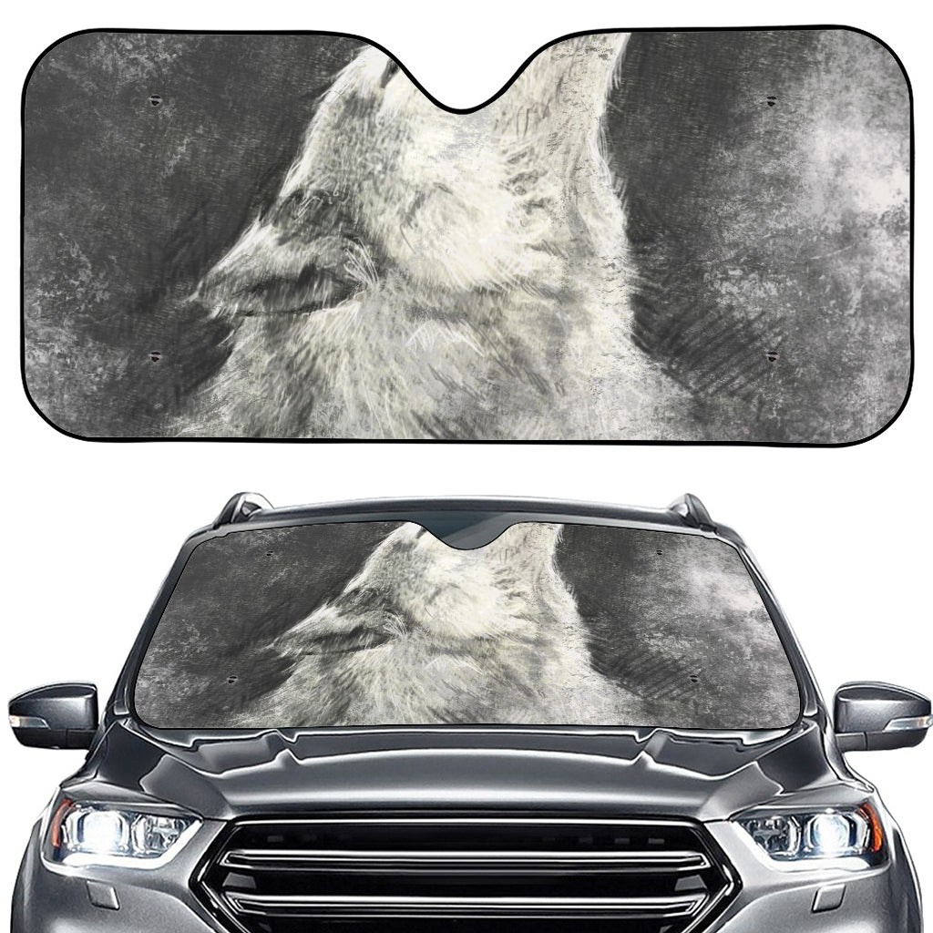 Monochrome Howling Wolf Print Car Windshield Sun Shade