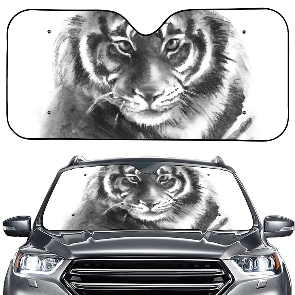 Monochrome Watercolor White Tiger Print Car Windshield Sun Shade