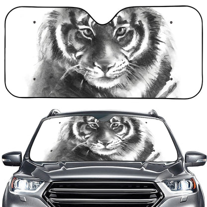 Monochrome Watercolor White Tiger Print Car Windshield Sun Shade