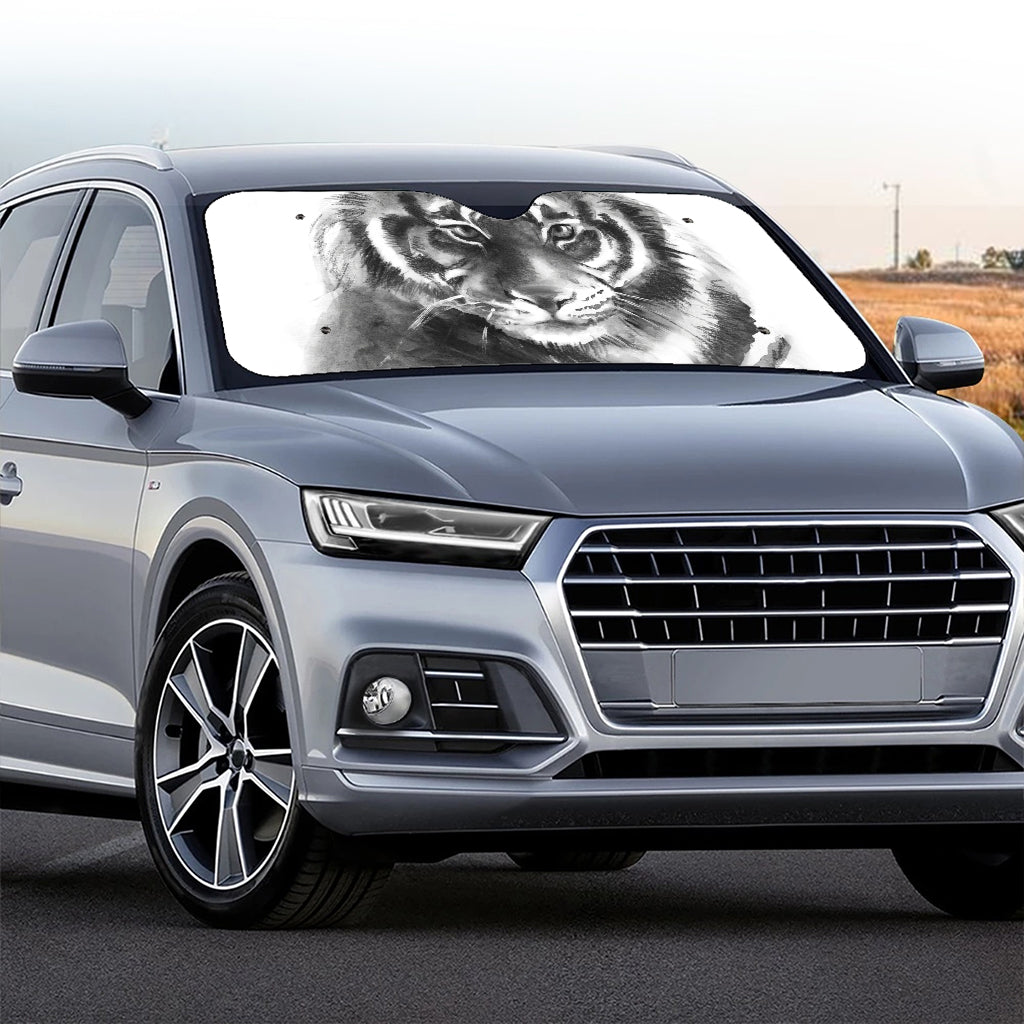 Monochrome Watercolor White Tiger Print Car Windshield Sun Shade