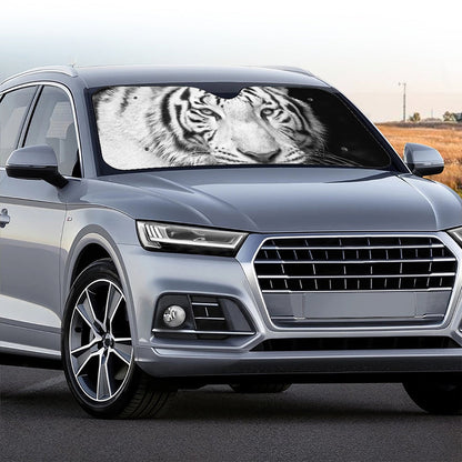 Monochrome White Bengal Tiger Print Car Windshield Sun Shade