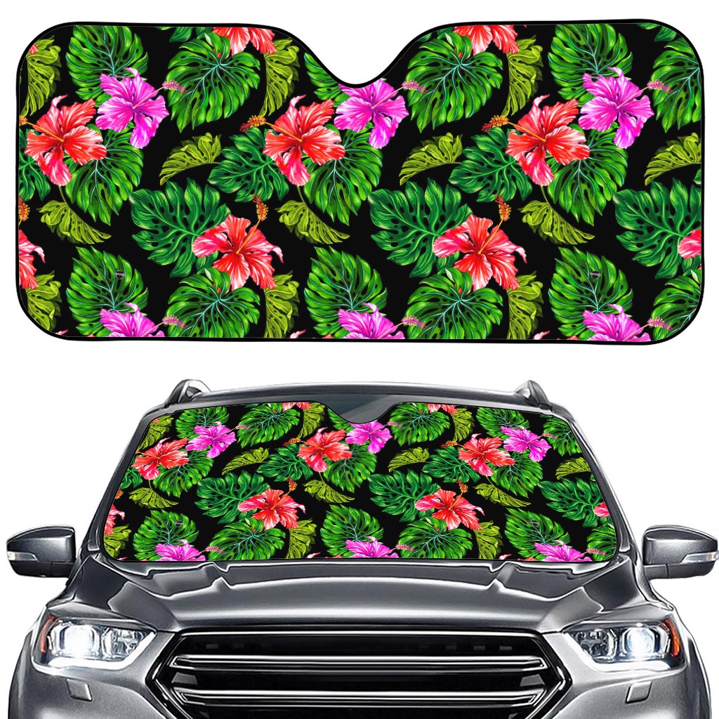 Monstera Hibiscus Hawaii Pattern Print Car Windshield Sun Shade