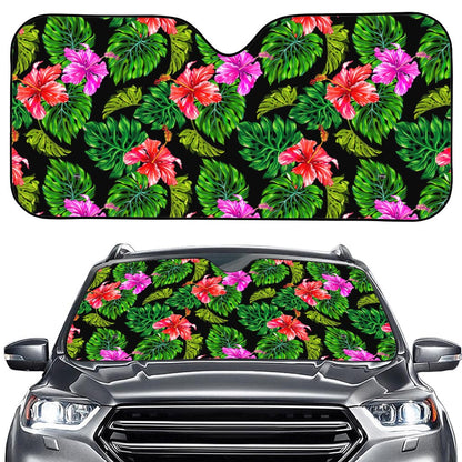 Monstera Hibiscus Hawaii Pattern Print Car Windshield Sun Shade