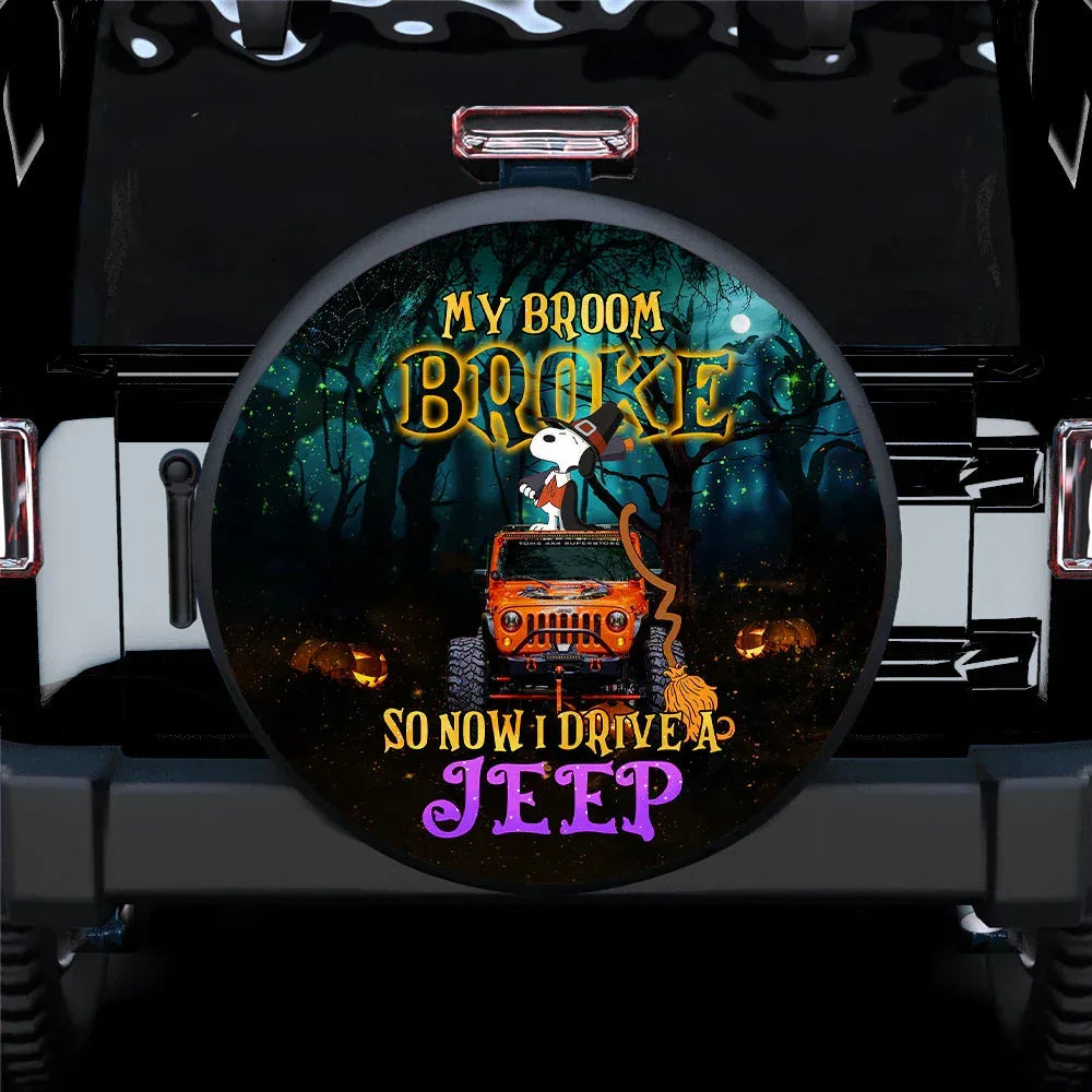 My Broom Brock So I Drive A Jeep Snoopy Halloween Car Leather Spare Tire Cover - PersonalizedFury