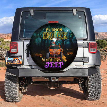 My Broom Brock So I Drive A Jeep Snoopy Halloween Car Leather Spare Tire Cover - PersonalizedFury