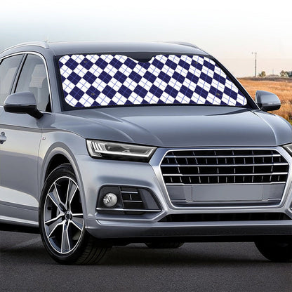 Navy Blue And White Argyle Pattern Print Car Windshield Sun Shade