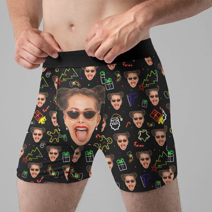 Neon Christmas Custom Face Funny - Personalized Photo Men's Boxer Briefs