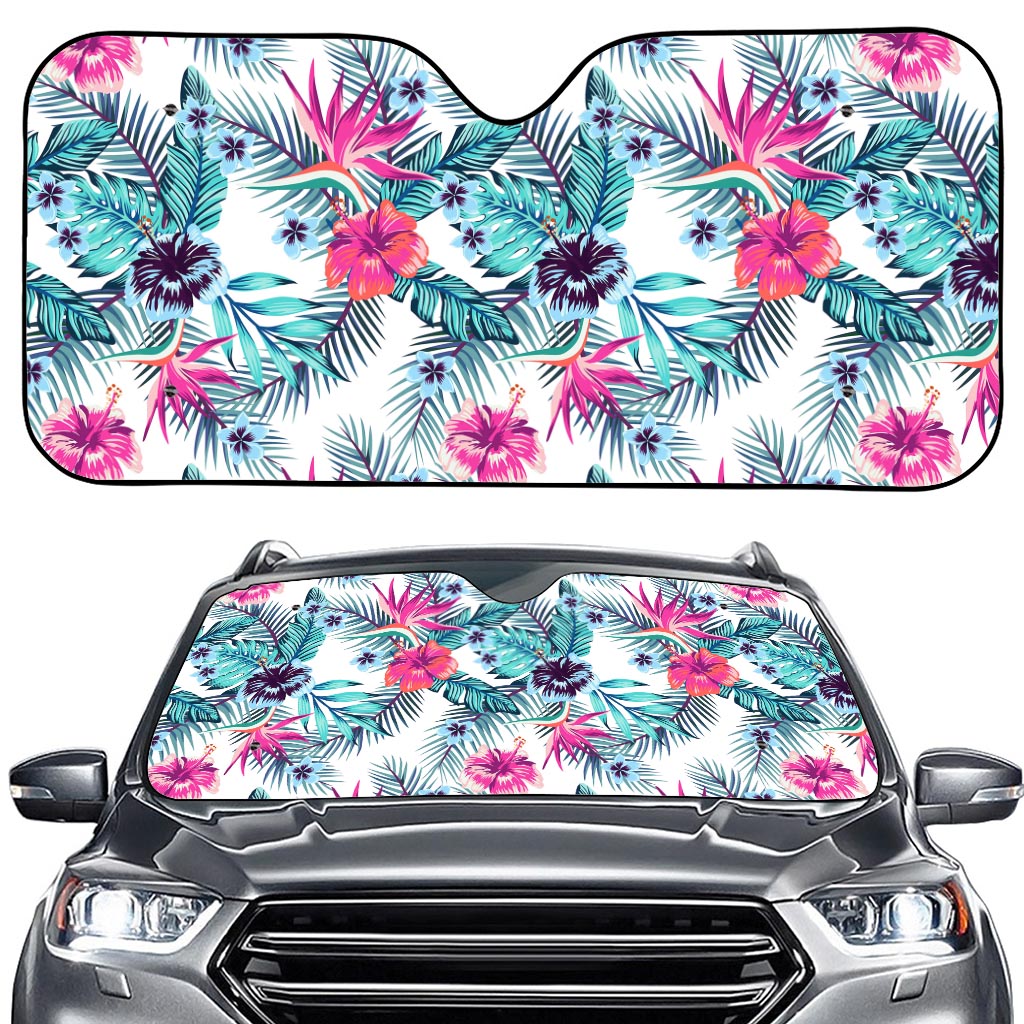 Neon Hibiscus Tropical Pattern Print Car Windshield Sun Shade