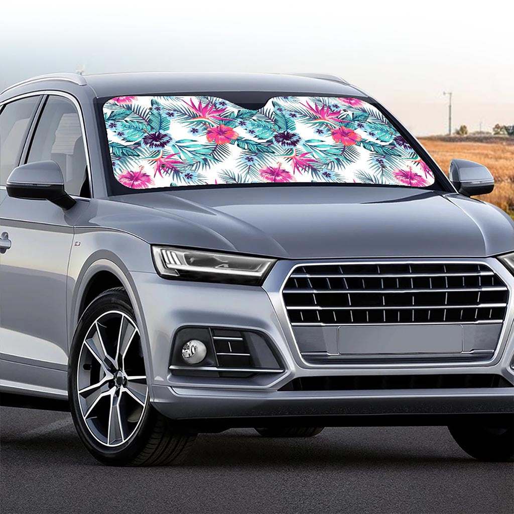 Neon Hibiscus Tropical Pattern Print Car Windshield Sun Shade