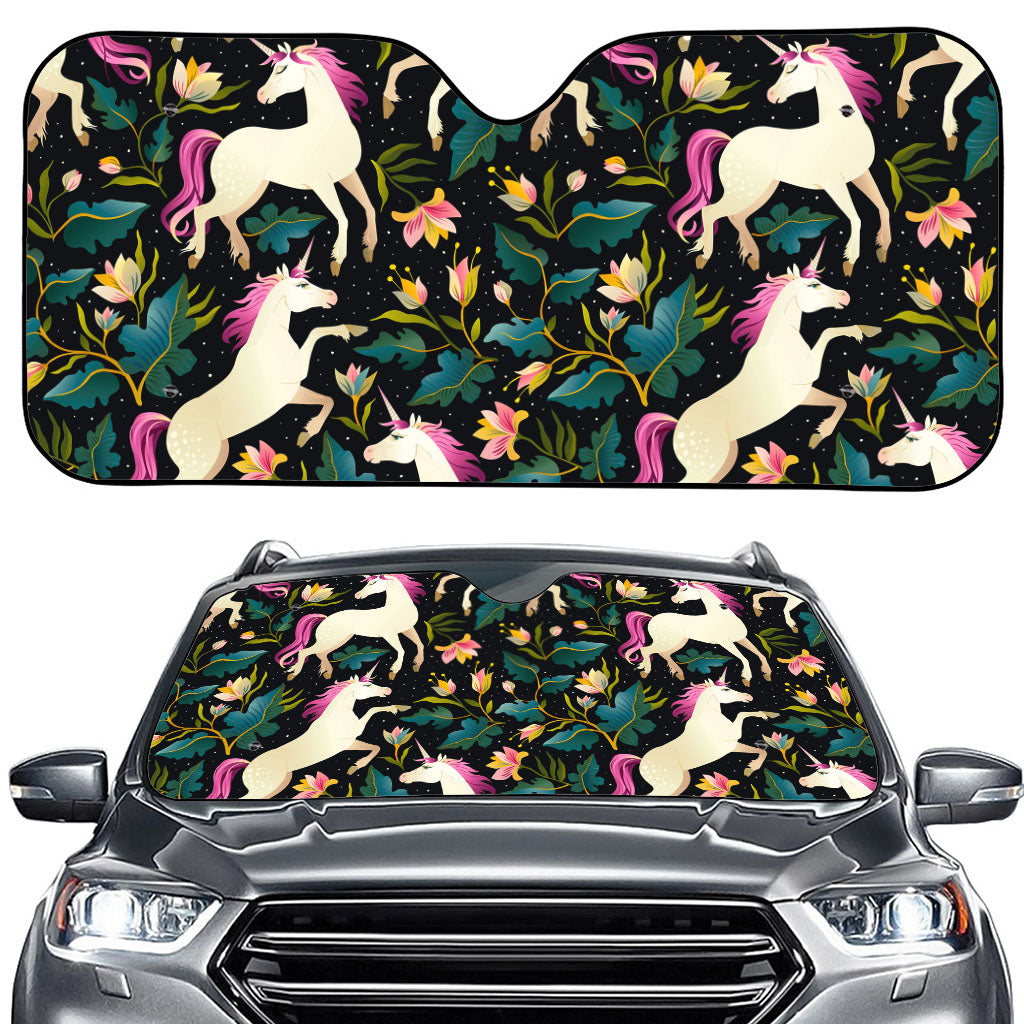 Night Floral Unicorn Pattern Print Car Windshield Sun Shade