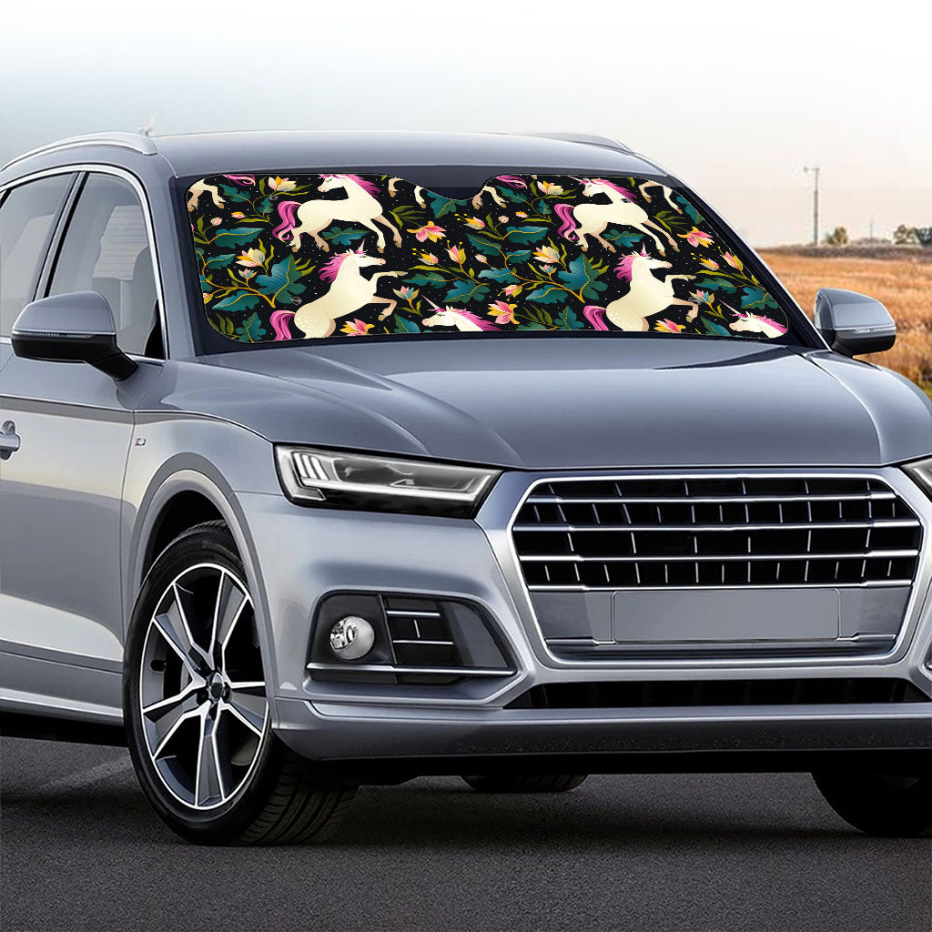 Night Floral Unicorn Pattern Print Car Windshield Sun Shade