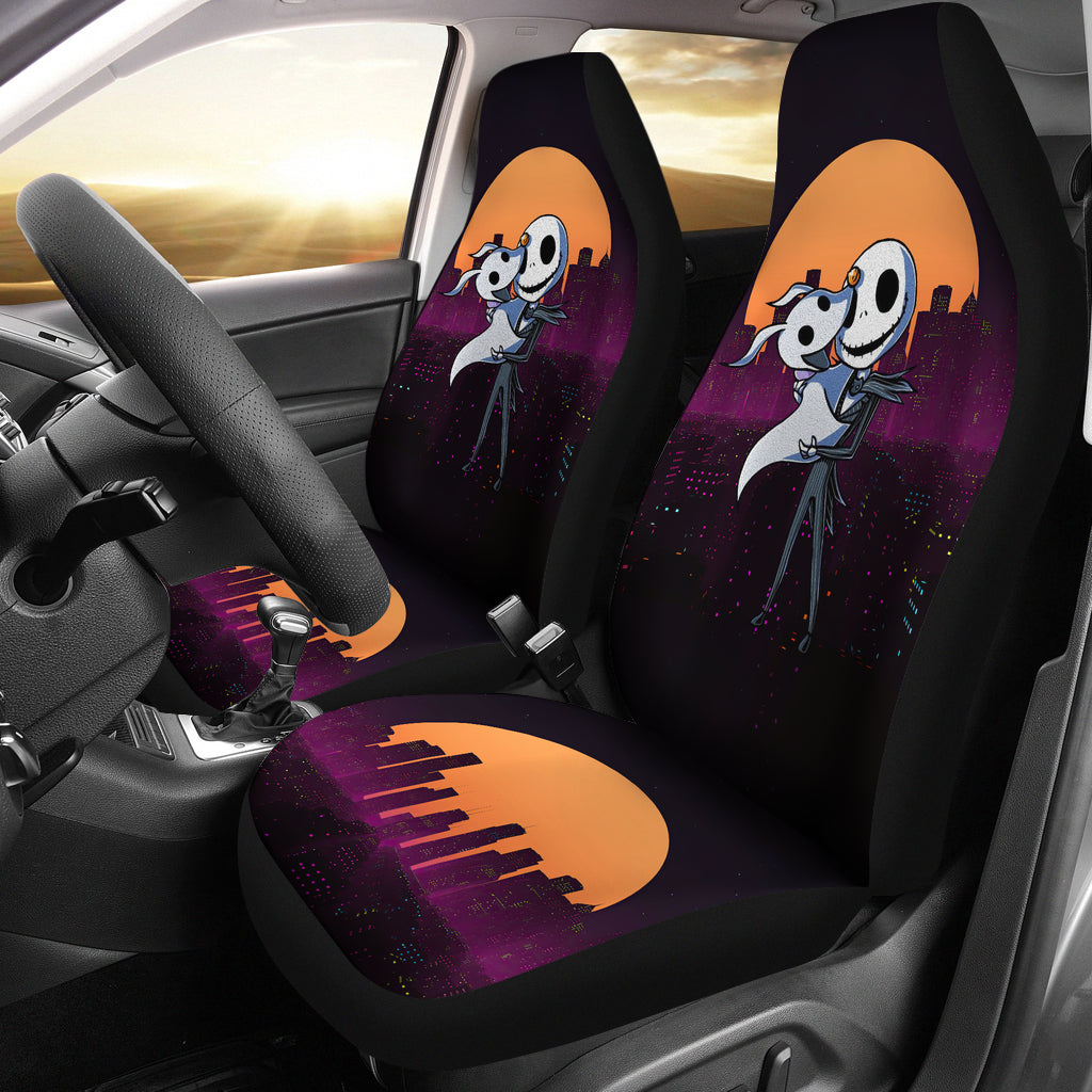 Nightmare Before Christmas Cartoon Car Seat Covers - Chibi Jack Skellington And Zero Dog Modern City At Night Seat Covers Ci101301