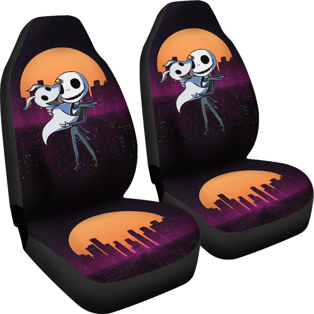 Nightmare Before Christmas Cartoon Car Seat Covers - Chibi Jack Skellington And Zero Dog Modern City At Night Seat Covers Ci101301