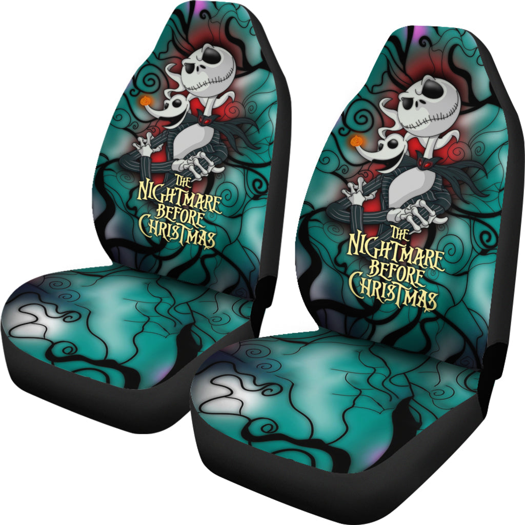 Nightmare Before Christmas Cartoon Car Seat Covers - Evil Jack Skellington And Zero Dog Trippy Background Seat Covers Ci101101