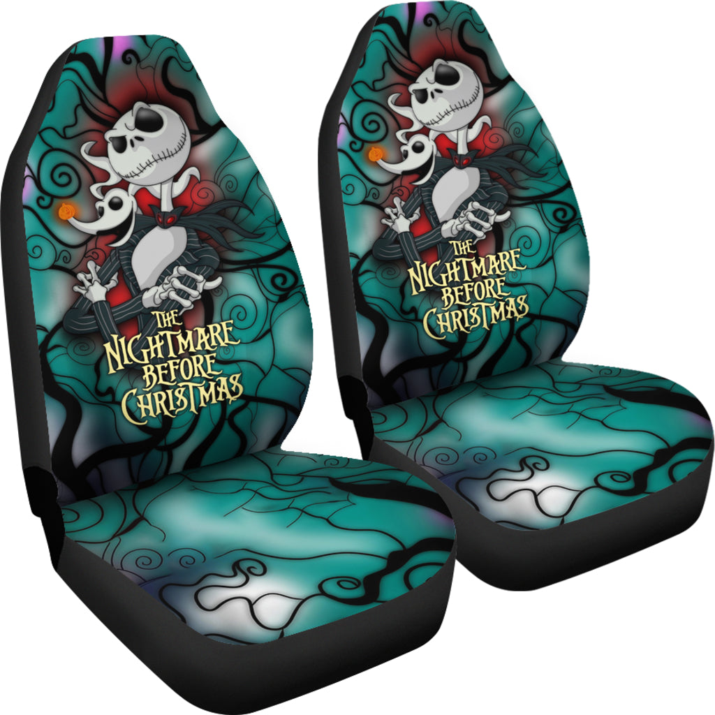 Nightmare Before Christmas Cartoon Car Seat Covers - Evil Jack Skellington And Zero Dog Trippy Background Seat Covers Ci101101