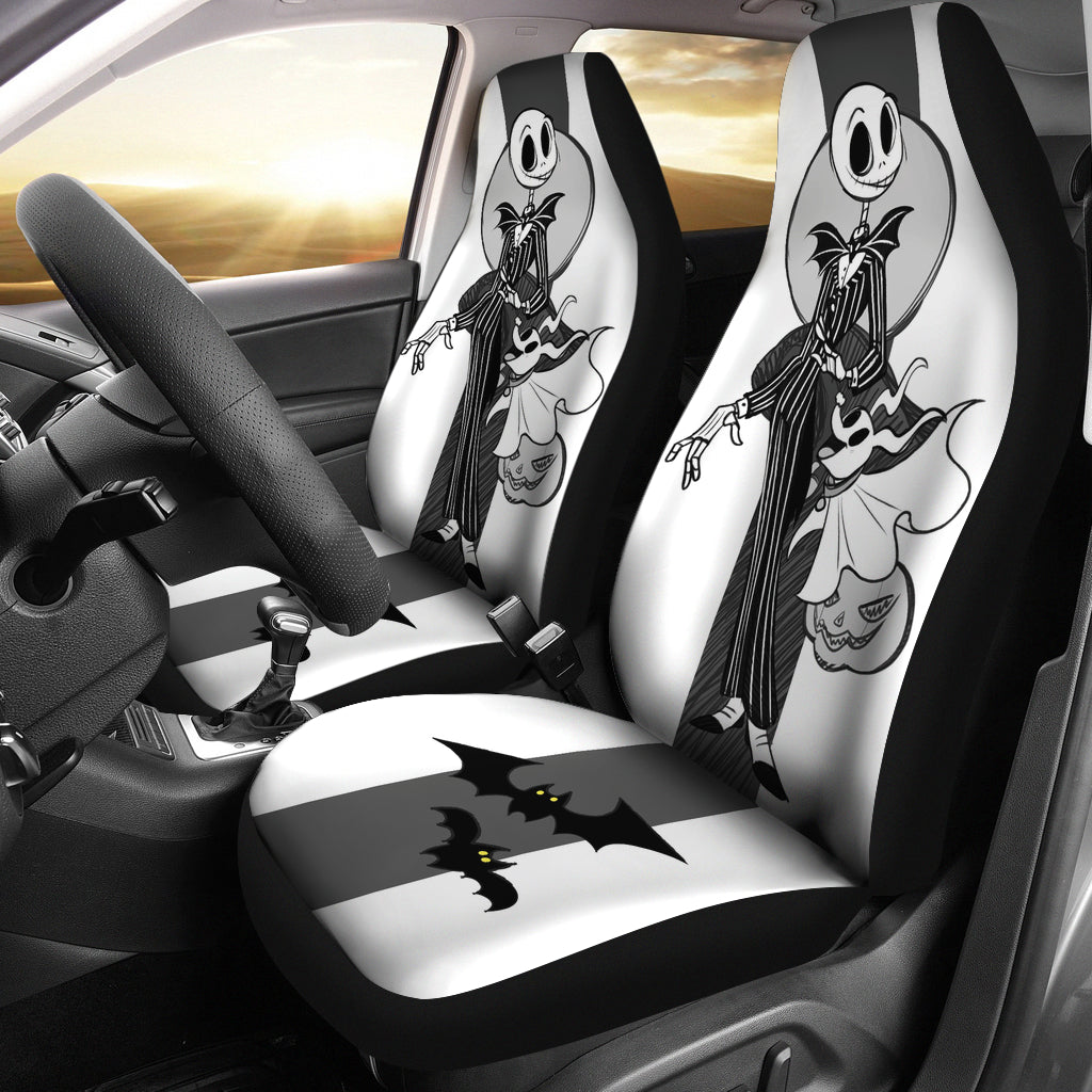 Nightmare Before Christmas Cartoon Car Seat Covers - Happy Jack Skellington And Zero Dog Black White Seat Covers Ci092802