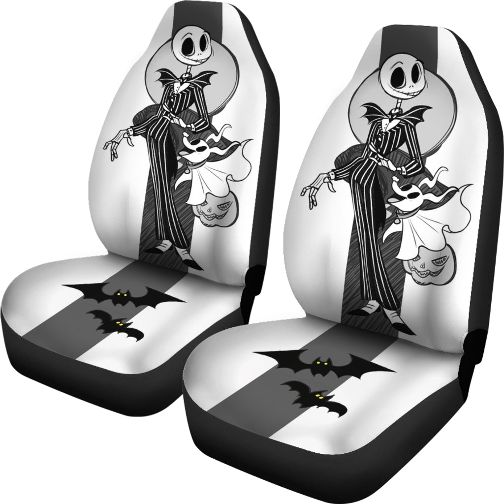 Nightmare Before Christmas Cartoon Car Seat Covers - Happy Jack Skellington And Zero Dog Black White Seat Covers Ci092802