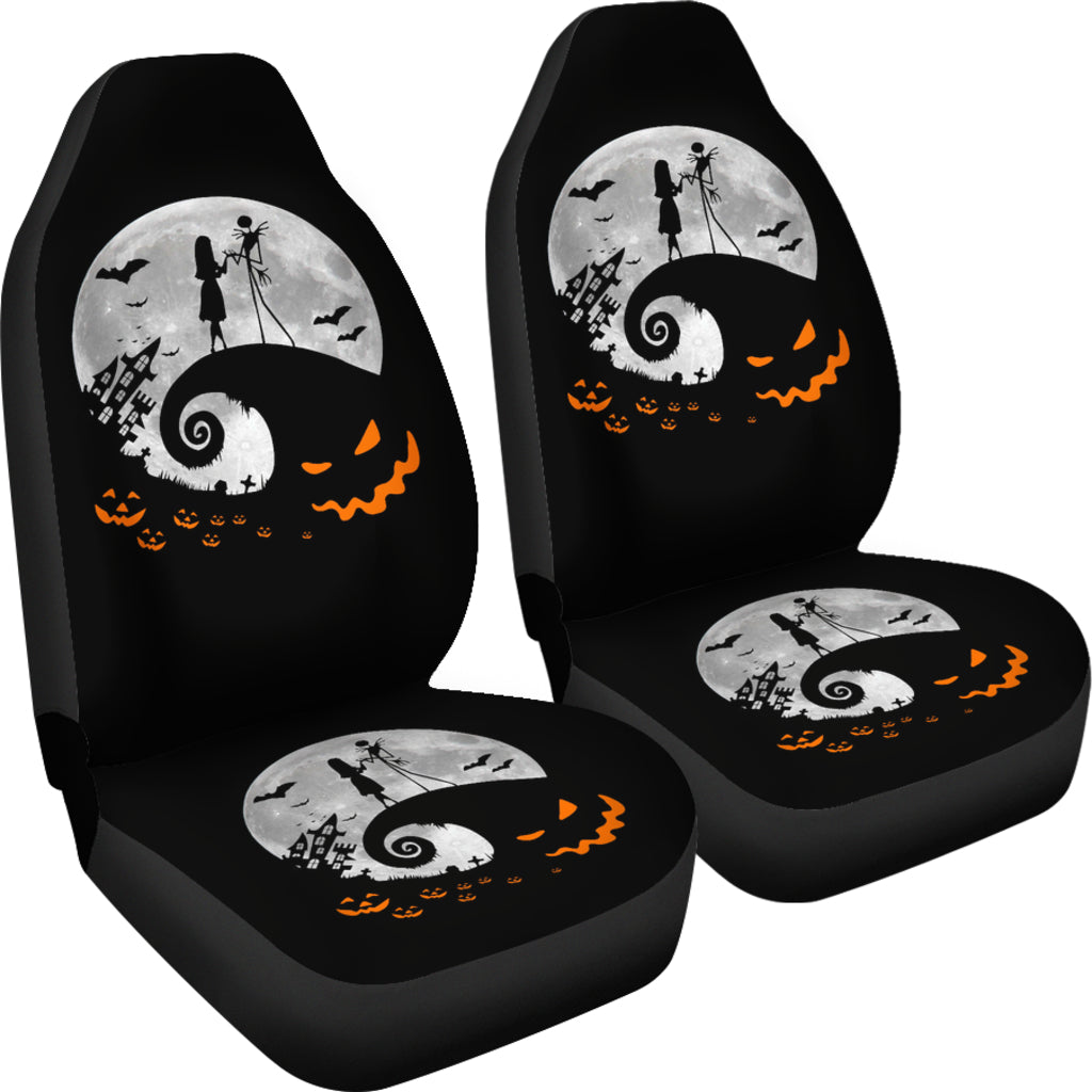 Nightmare Before Christmas Cartoon Car Seat Covers | Jack And Sally Holding Hands Silhouette On Hill Seat Covers Ci092503