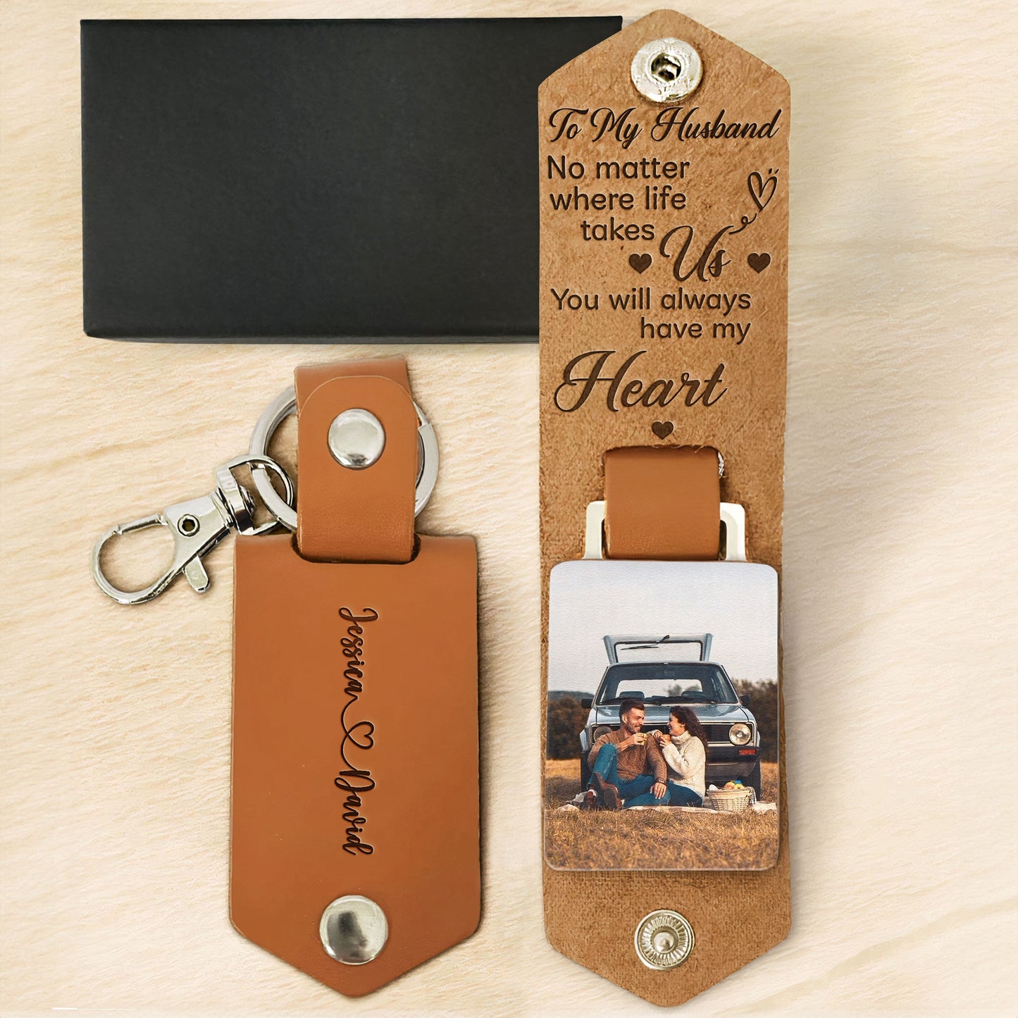 No Matter Where Life Takes Us - Personalized Leather Photo Keychain