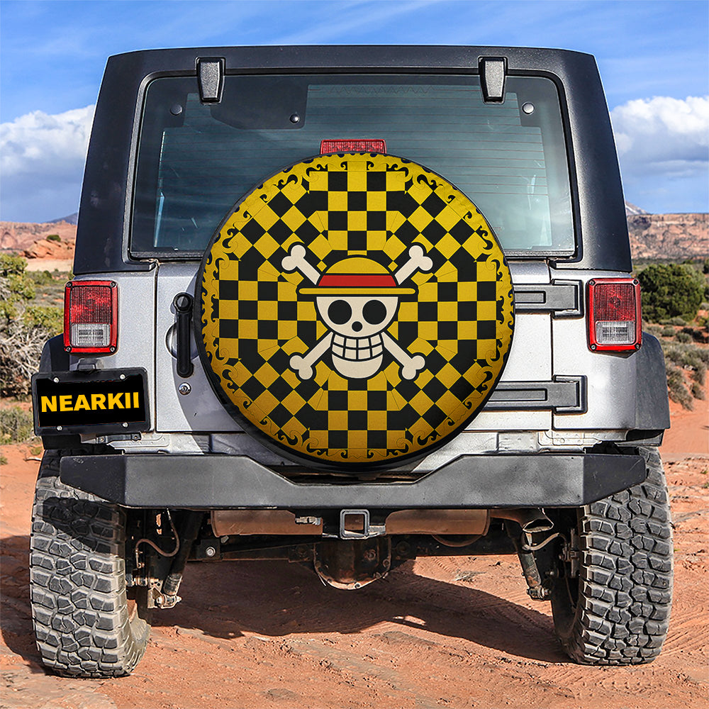 One Piece Straw Hat Jolly Roger Yellow Checkered Jeep Car Spare Tire Cover