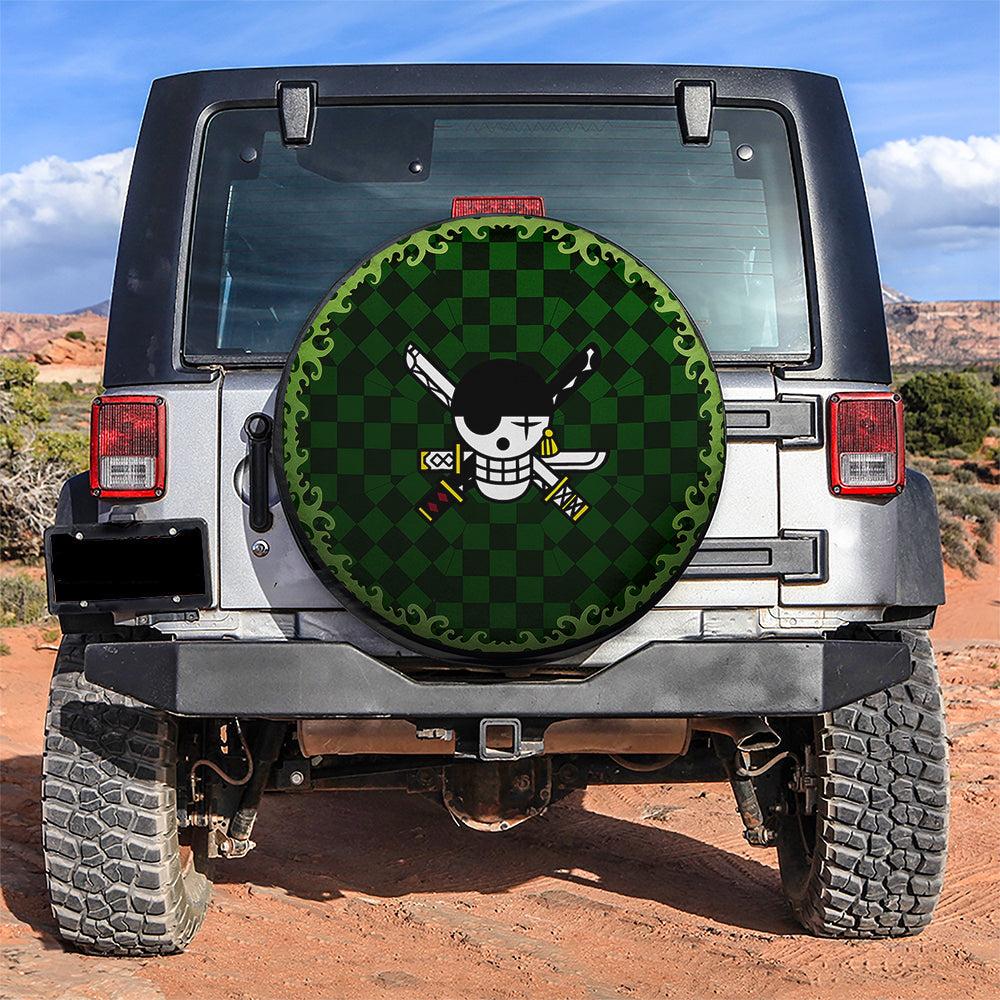 One Piece Straw Hat Zoro Green Checkered Jeep Car Spare Tire Cover