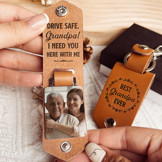 Only The Best Dads Get Promoted To Grandpa  - Personalized Leather Photo Keychain