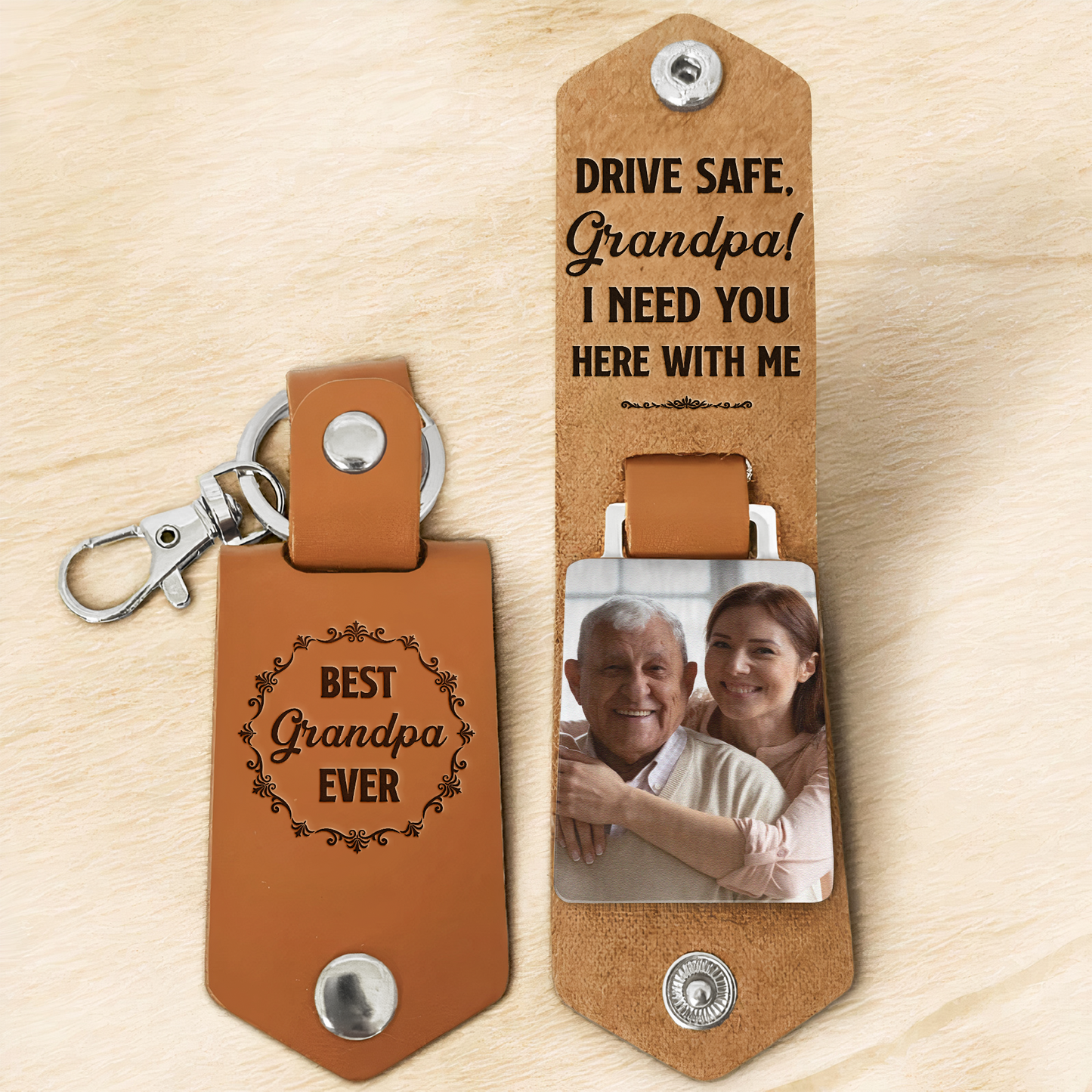 Only The Best Dads Get Promoted To Grandpa  - Personalized Leather Photo Keychain