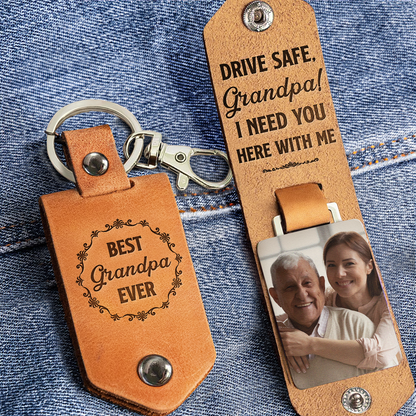 Only The Best Dads Get Promoted To Grandpa  - Personalized Leather Photo Keychain