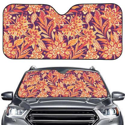 Orange Bohemian Floral Pattern Print Car Windshield Sun Shade