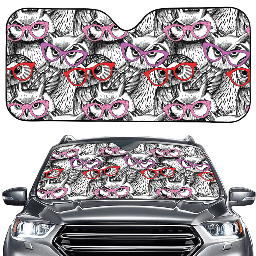 Owl With Glasses Pattern Print Car Windshield Sun Shade