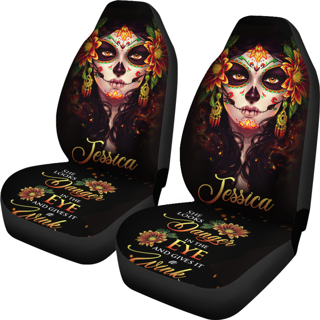 Personalized Skull Girl Wink Car Seat Cover