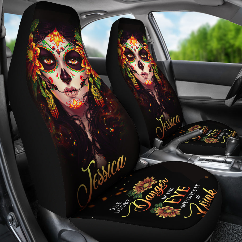 Personalized Skull Girl Wink Car Seat Cover