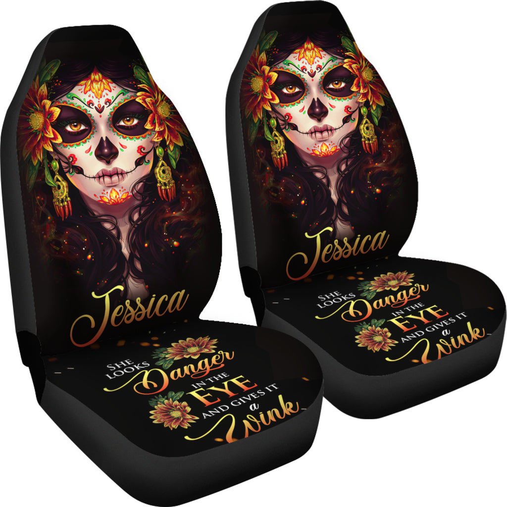 Personalized Skull Girl Wink Car Seat Cover