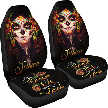 Personalized Skull Girl Wink Car Seat Cover