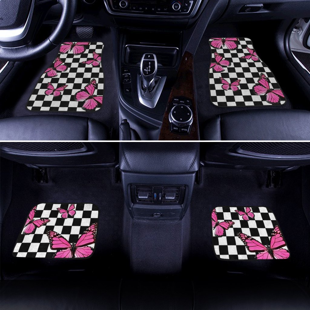 Pink Butterfly Car Floor Mats Custom Checkerboard Car Accessories