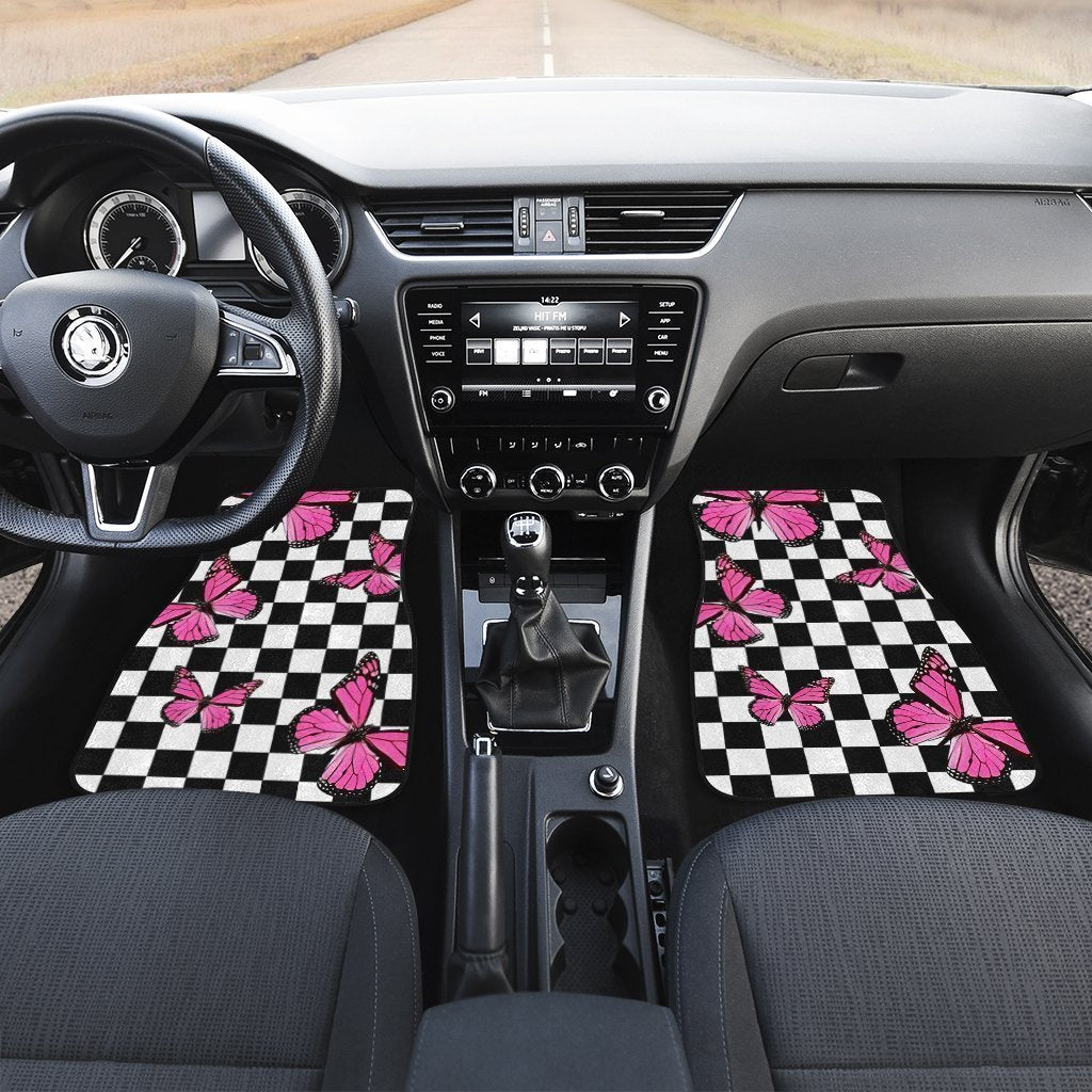 Pink Butterfly Car Floor Mats Custom Checkerboard Car Accessories