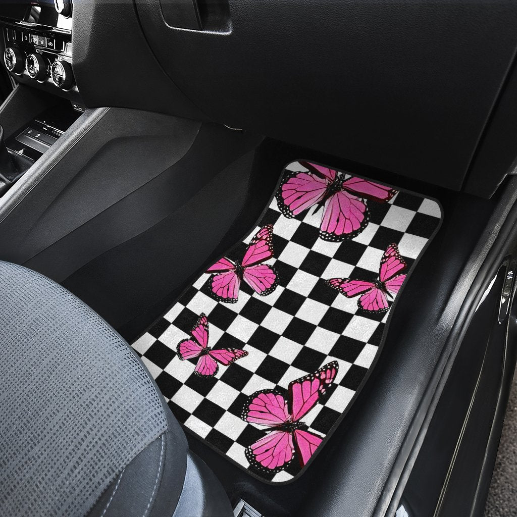 Pink Butterfly Car Floor Mats Custom Checkerboard Car Accessories