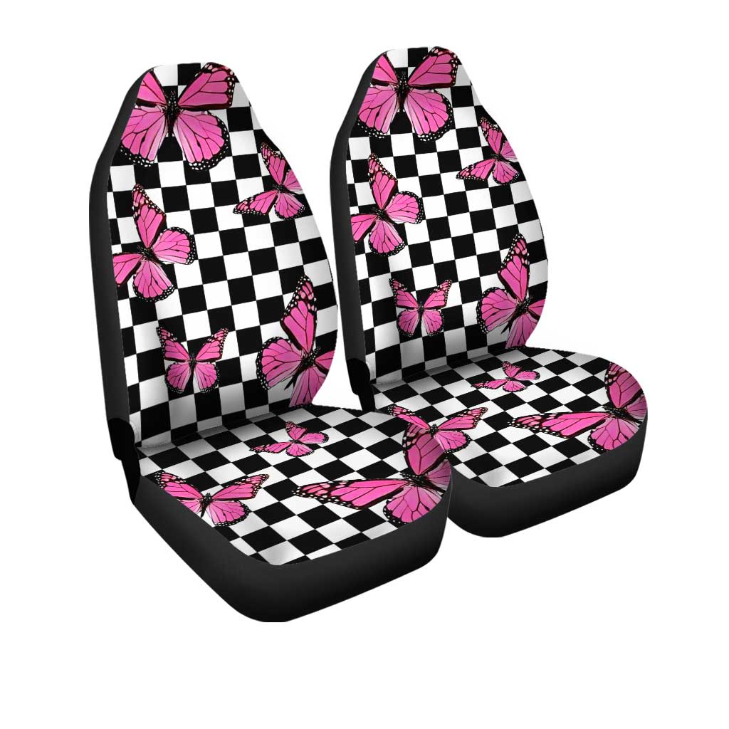 Pink Butterfly Car Seat Covers Custom Checkerboard Car Accessories