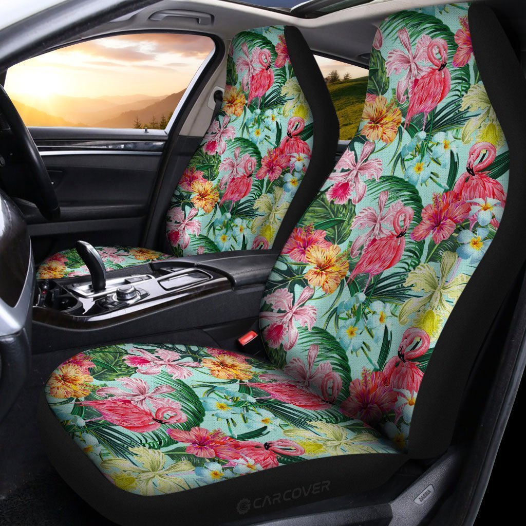 Pink Flamingo Car Seat Covers Custom Plumeria Hibiscus Tropical Flower Car Accessories