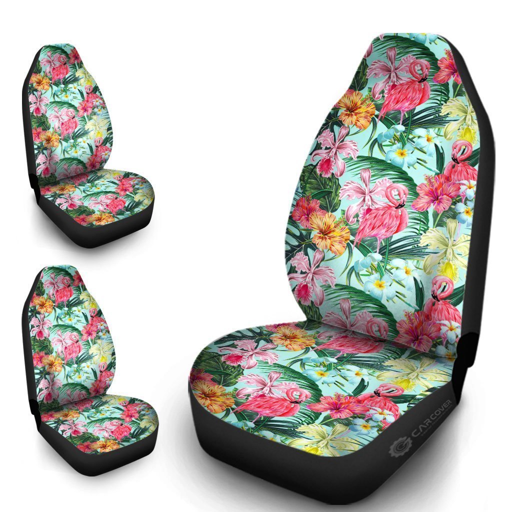 Pink Flamingo Car Seat Covers Custom Plumeria Hibiscus Tropical Flower Car Accessories