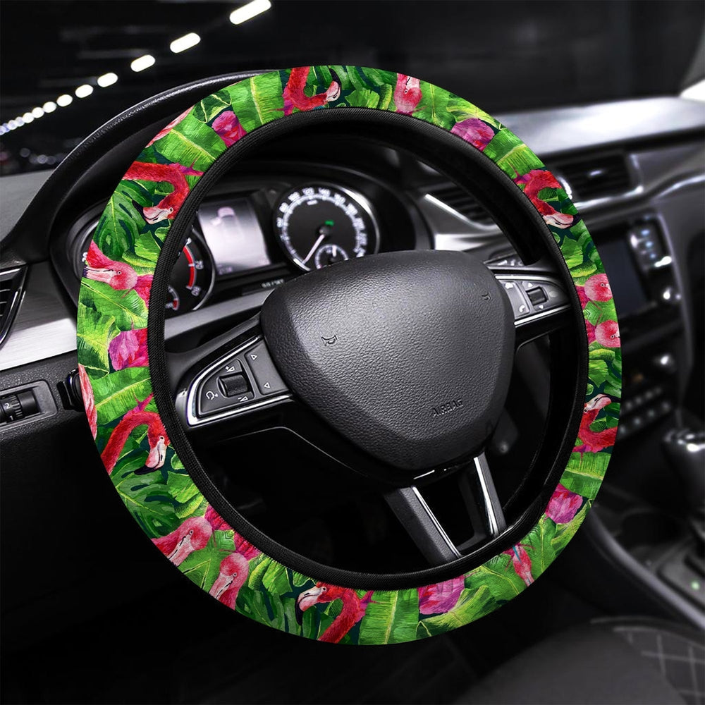 Pink Flamingo Steering Wheel Covers Custom Tropical Leaves Car Accessories